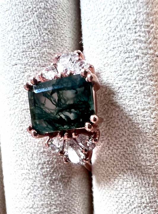 Forest Moss Agate & White Topaz Ring, Size 6