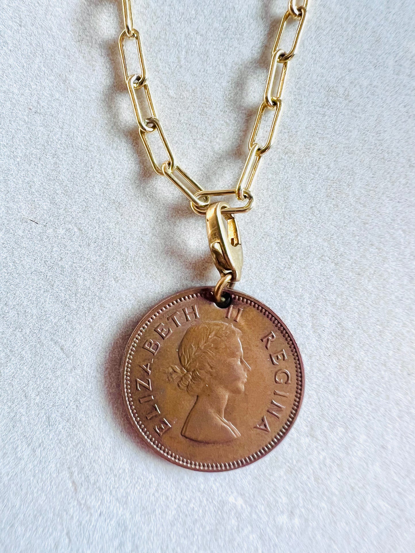 1957 Queen Elizabeth II South African Coin 14kt Gold Vermeil Paperclip Necklace