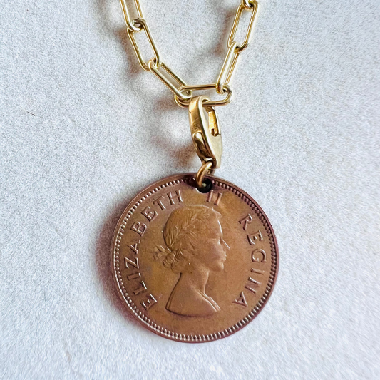1957 Queen Elizabeth II South African Coin 14kt Gold Vermeil Paperclip Necklace