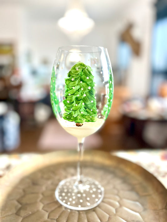 Hand Painted Winter Forest Red Wine Glass by Carol Moore