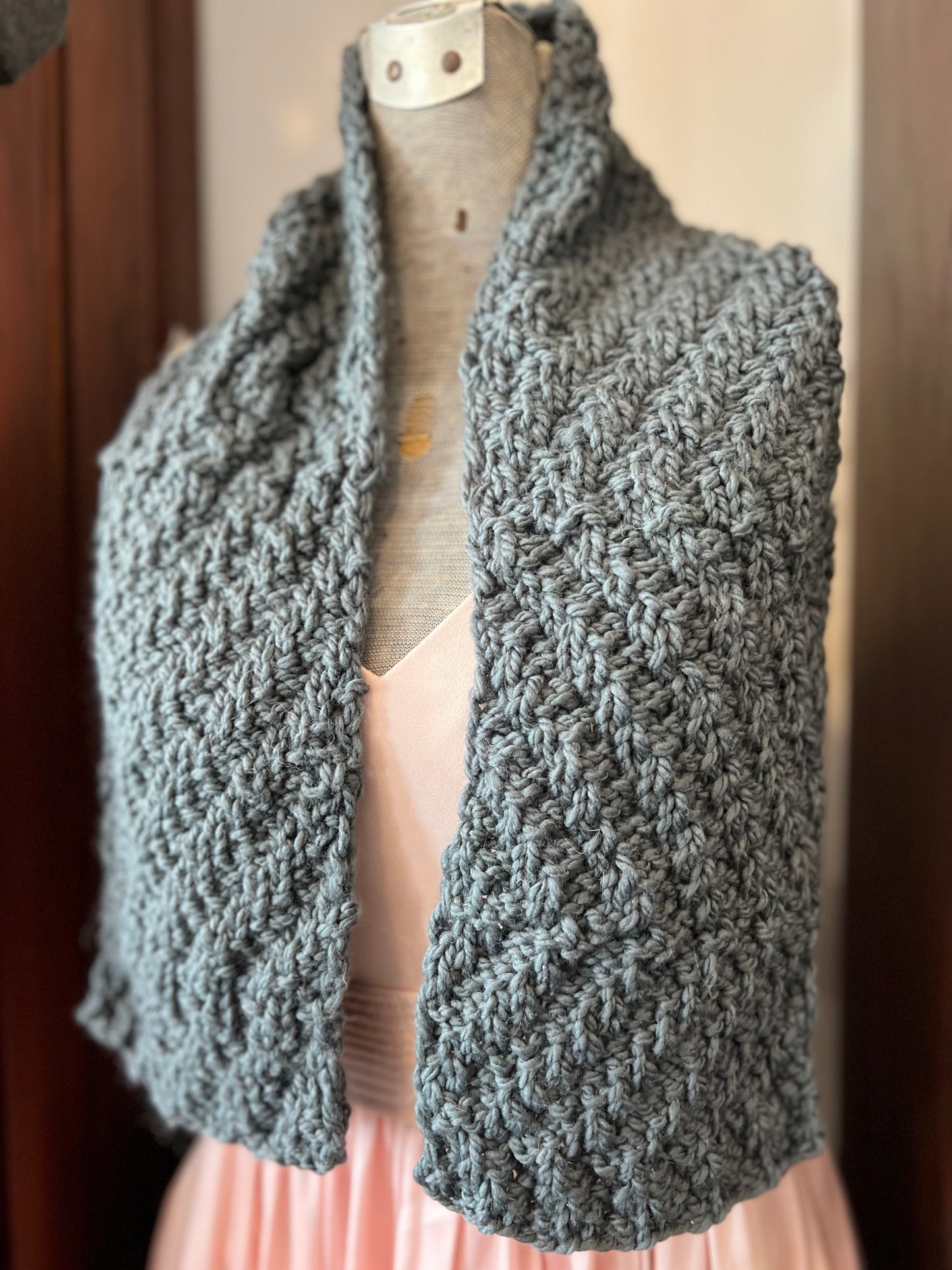 Hand Knit Soft Wool Scarf in Soft Gray