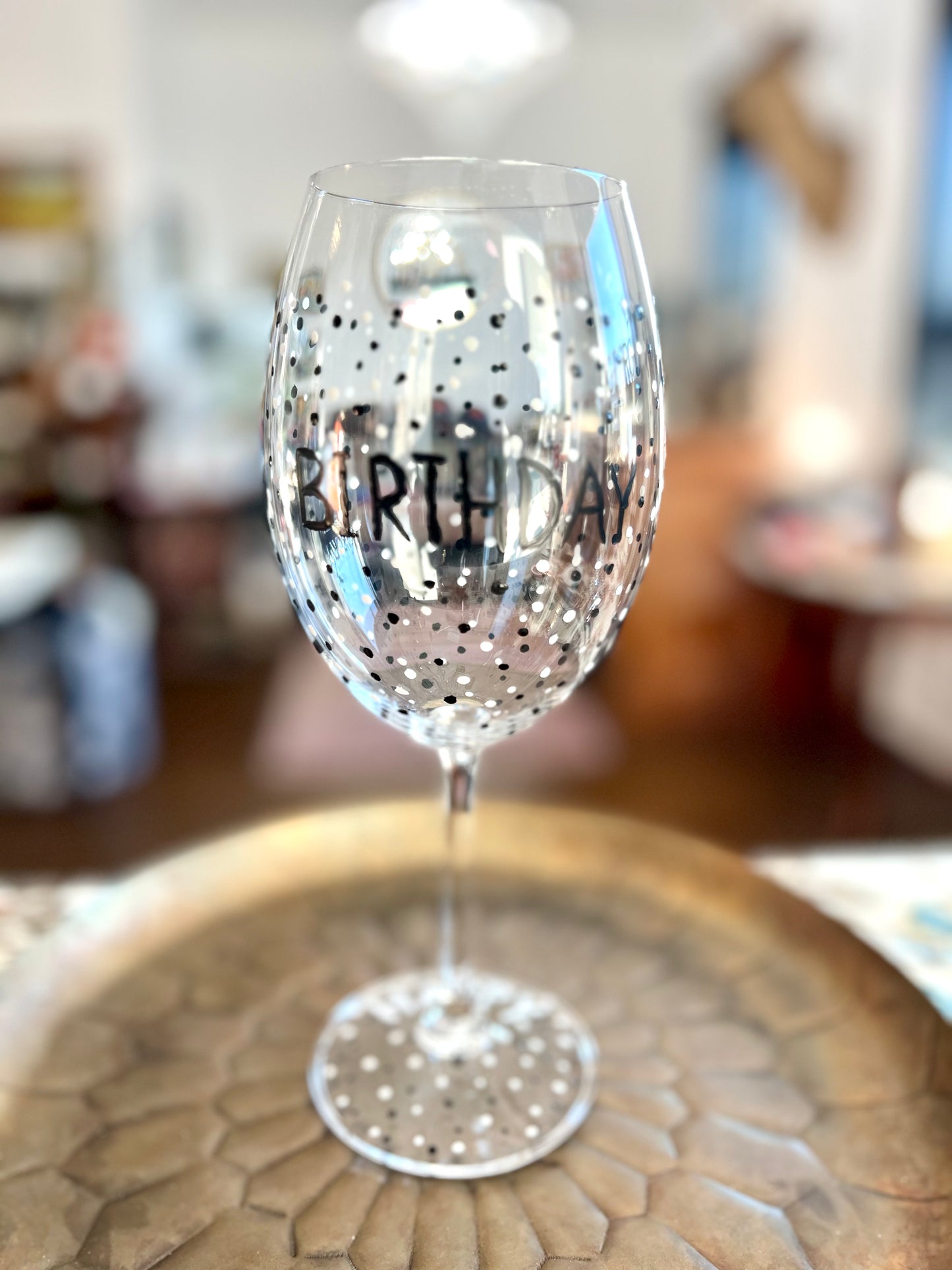 Hand Painted B&W Happy Birthday Red Wine Glass by Carol Moore