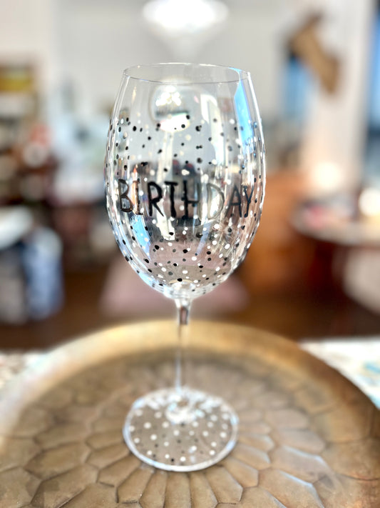 Hand Painted B&W Happy Birthday Red Wine Glass by Carol Moore