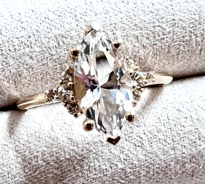 Marquise Cut White Topaz & Solid Gold Ring - Size 7