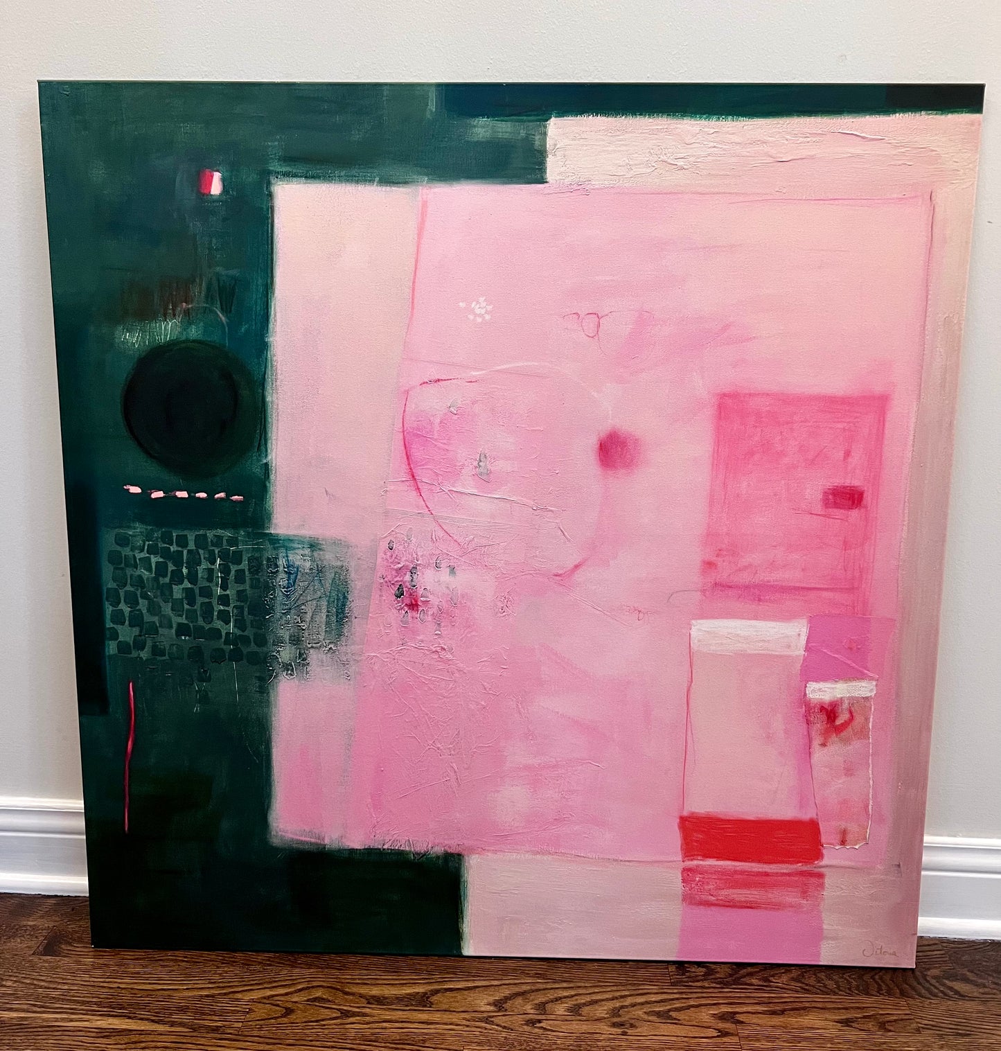 Green & Pink Abstract Giclée 40" x 40" Fine Art Print by Spain-based artist Victoria