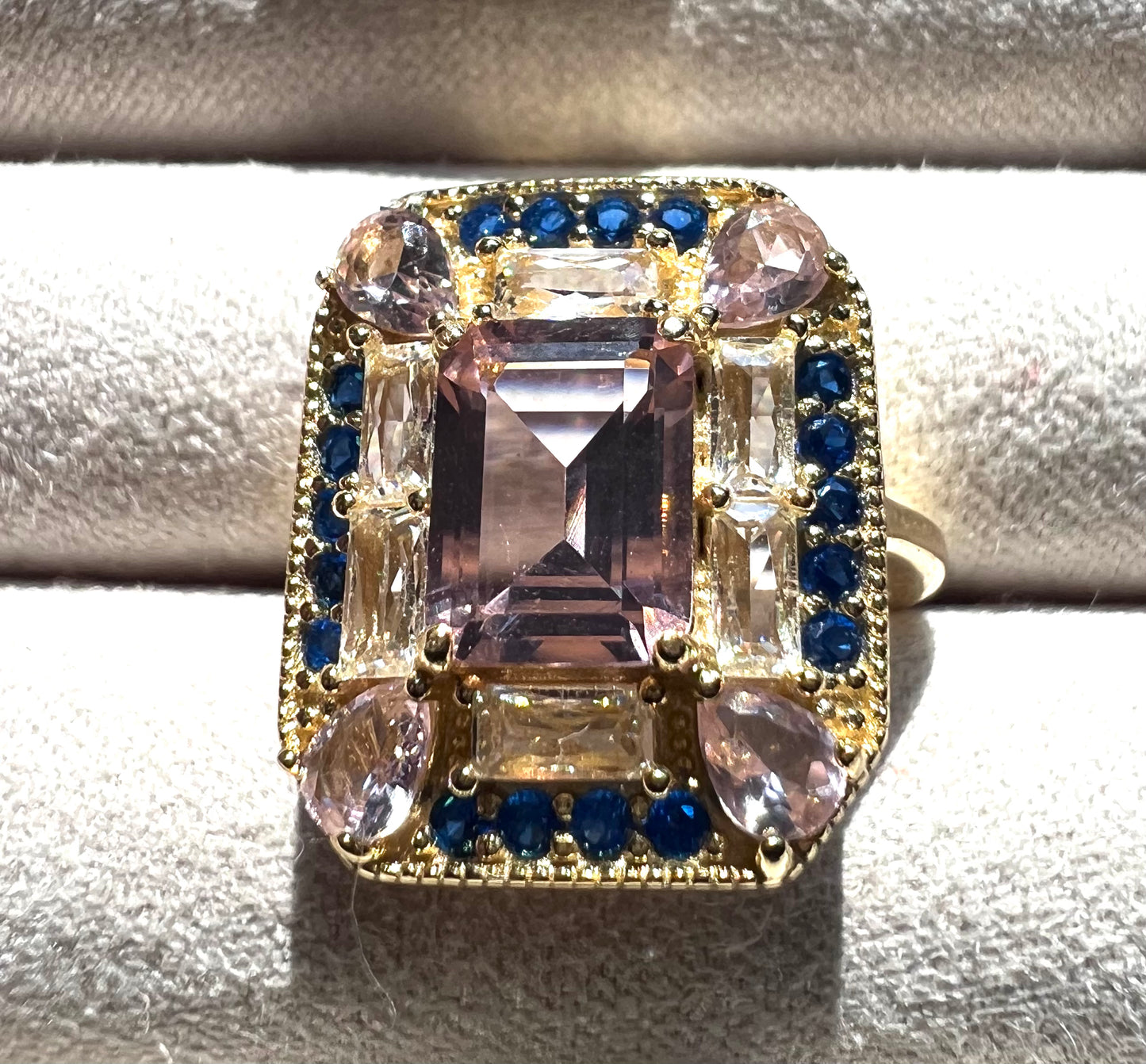The Gatsby Ring - Pink Morganite, Sapphire & White Topaz Cocktail Ring, Size 6