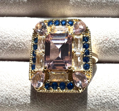 The Gatsby Ring - Pink Morganite, Sapphire & White Topaz Cocktail Ring, Size 6