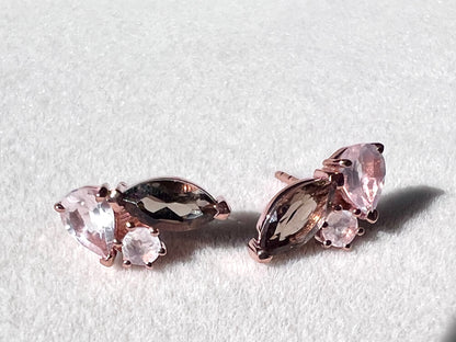 Rose Moon Earrings, Smoky & Rose Quartz & Moonstone & 14kt Rose Gold