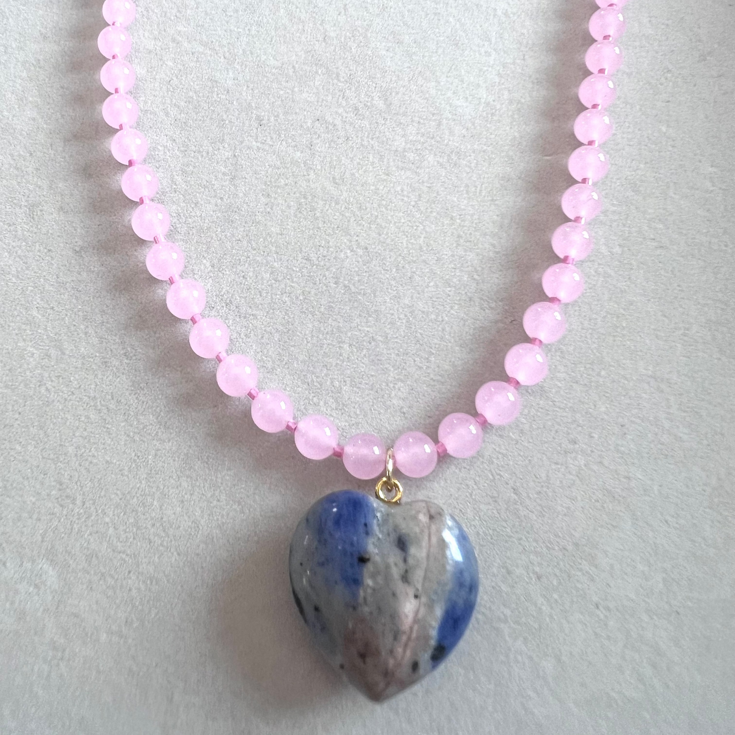 Lapis Lazuli Heart & Pink Jade Beads Necklace