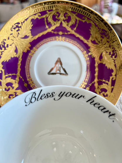 "Bless Your Heart" Purple & Gold Teacup & Saucer