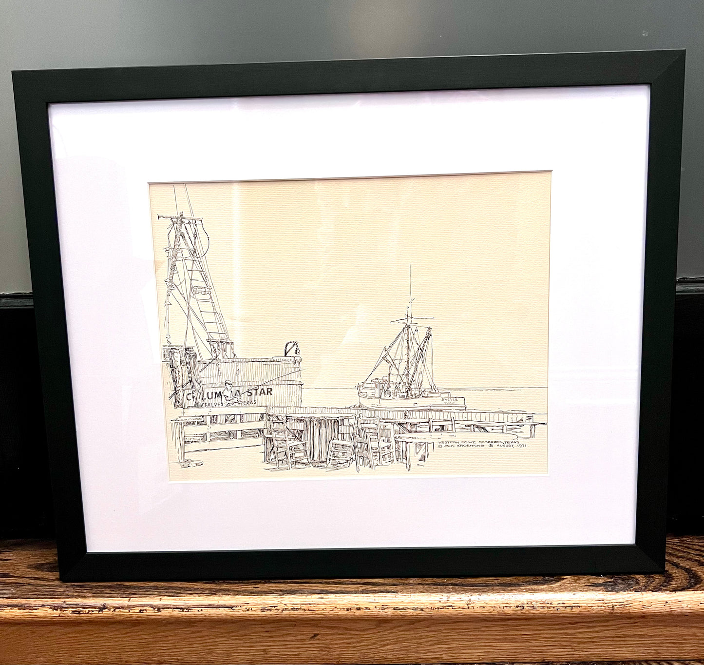 "Western Point, Seabrook, Texas" - Reframed Original Signed Ink Drawing by Artist Jack Kroehnke circa August 1971