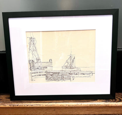 "Western Point, Seabrook, Texas" - Reframed Original Signed Ink Drawing by Artist Jack Kroehnke circa August 1971