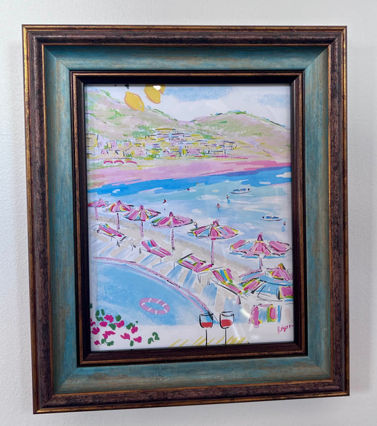 Amalfi Umbrellas Blue/Gold Framed Art Print by Rebecca Meixner