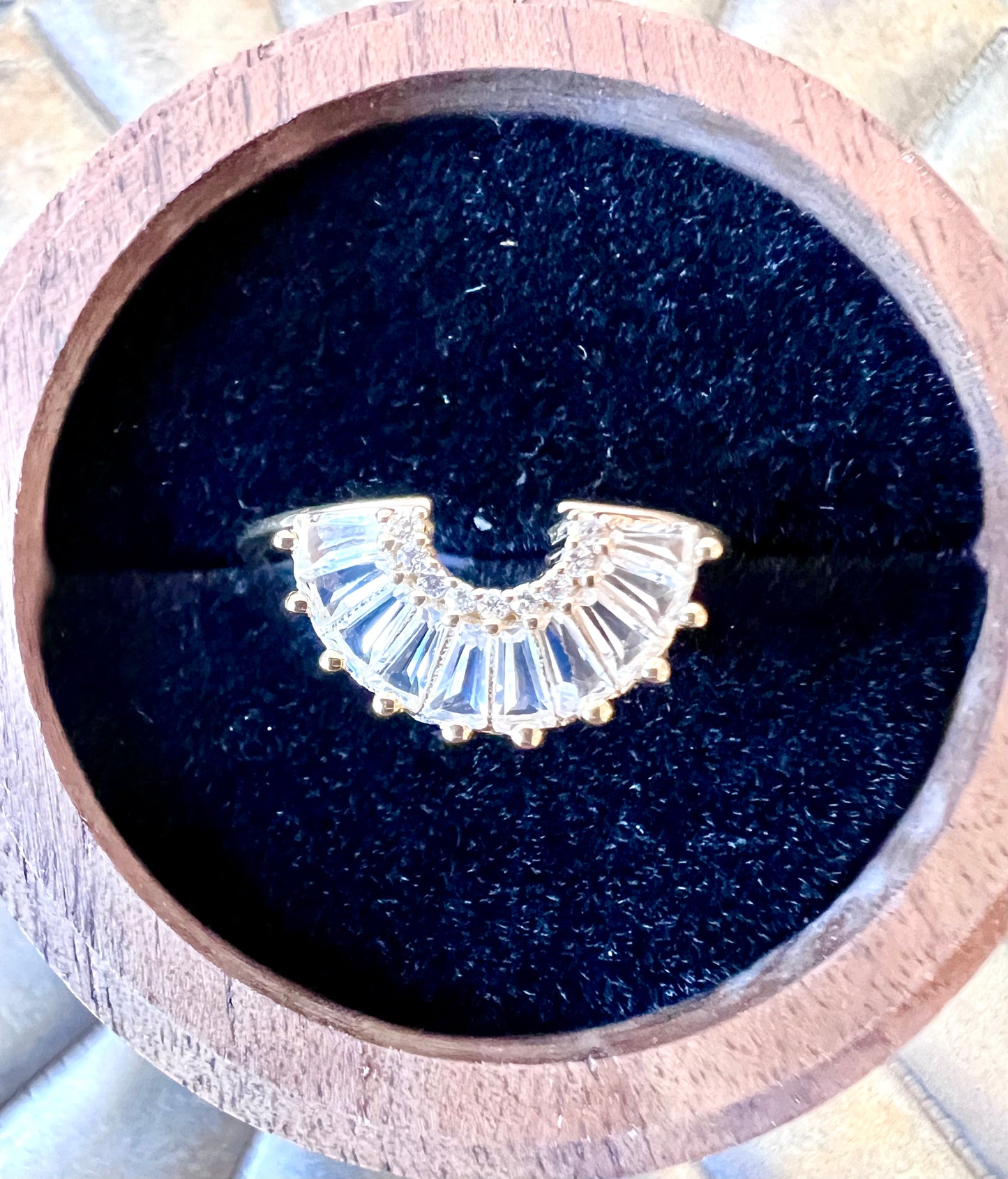 Diamond & White Topaz Baguette Solid 14kt Gold Arc Ring - Size 6