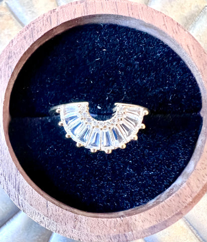 Diamond & White Topaz Baguette Solid 14kt Gold Arc Ring - Size 6