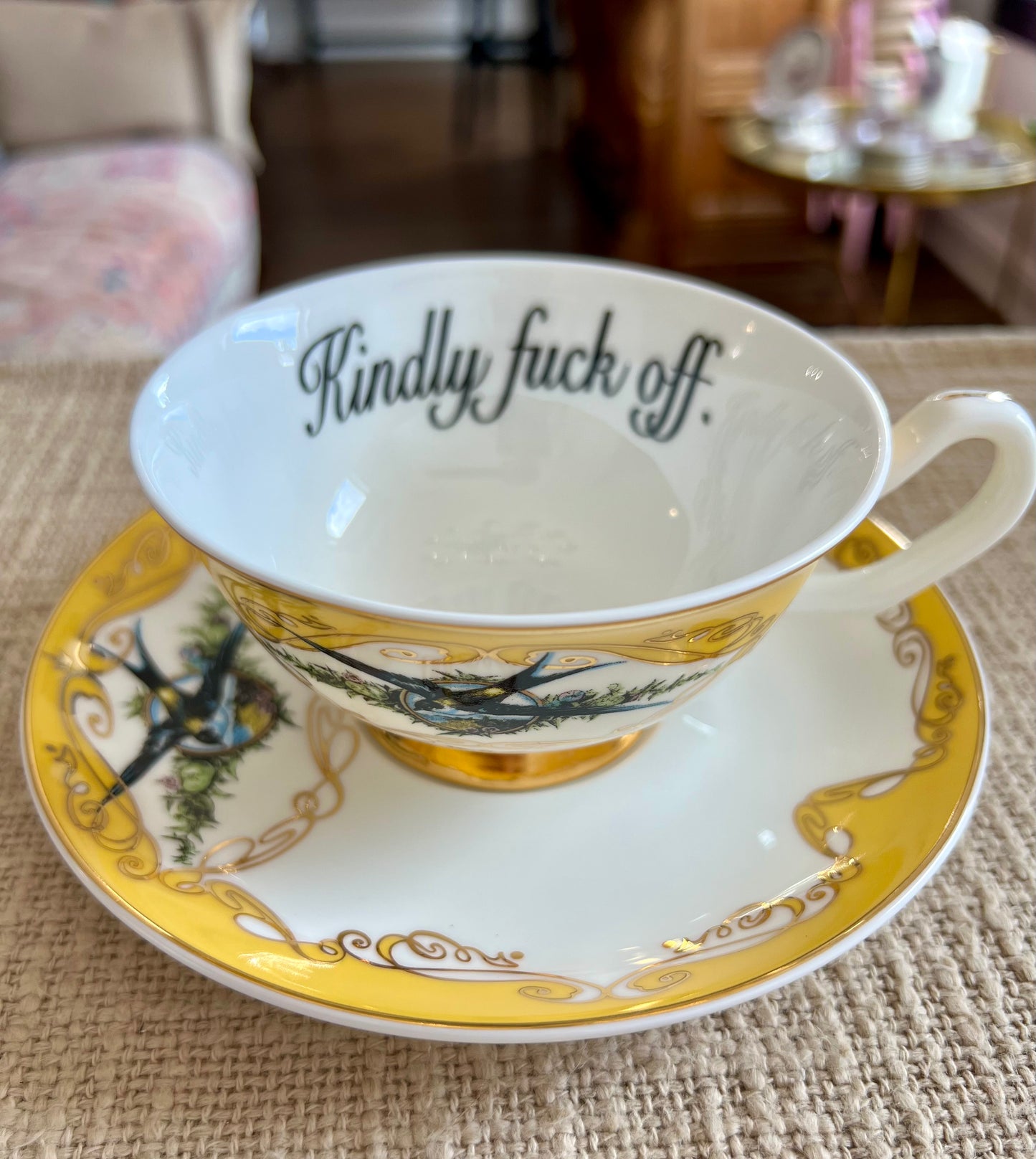 Yellow Kindly Fuck Off Teacup & Saucer