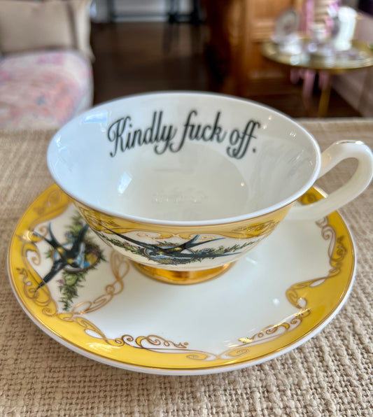 Yellow Kindly Fuck Off Teacup & Saucer