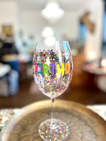 Hand Painted Happy Birthday Red Wine Glass by Carol Moore