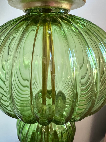 Green Glass Lamp with Green Floral & Bird Shade - Karma Home