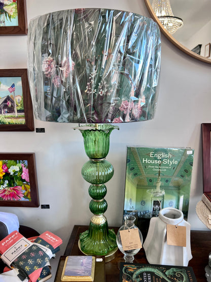 Green Glass Lamp with Green Floral & Bird Shade - Karma Home