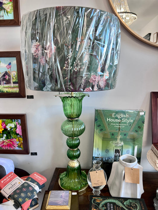 Green Glass Lamp with Green Floral & Bird Shade - Karma Home