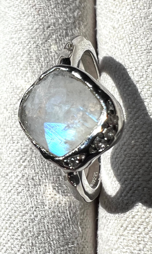 Rainbow Moonstone & White Topaz Sterling Silver Ring, Size 6