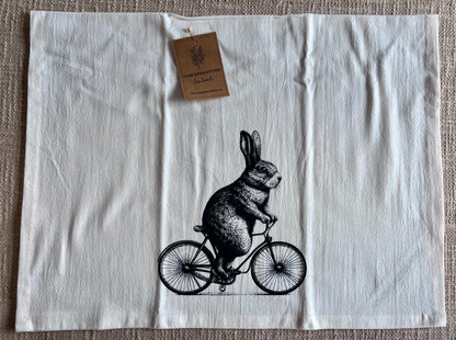 Bunny Rabbit on a Bike 100% GOTS Organic Cotton Tea Towel