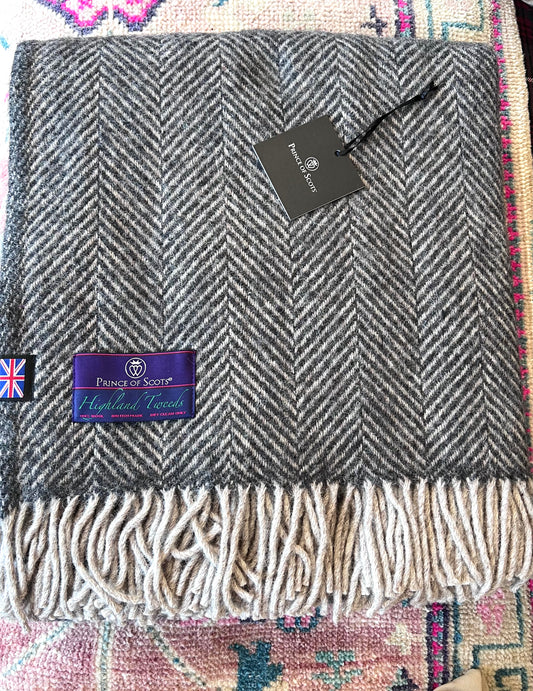 Charcoal & Greige Highland Tweeds 100% Wool Herringbone Throw - Made in the British Isles