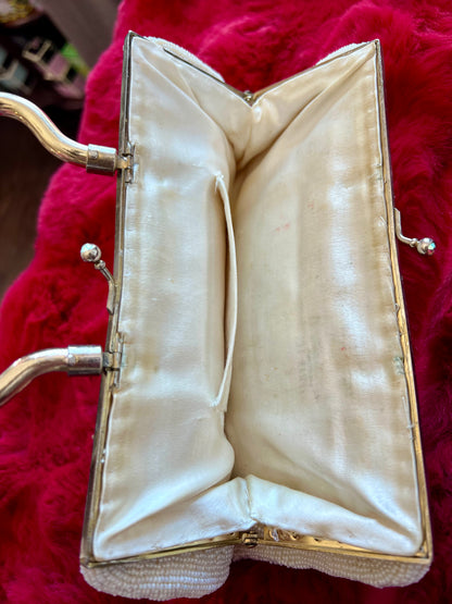Vintage Ivory Beaded Clutch Purse with Gold Toned Handle