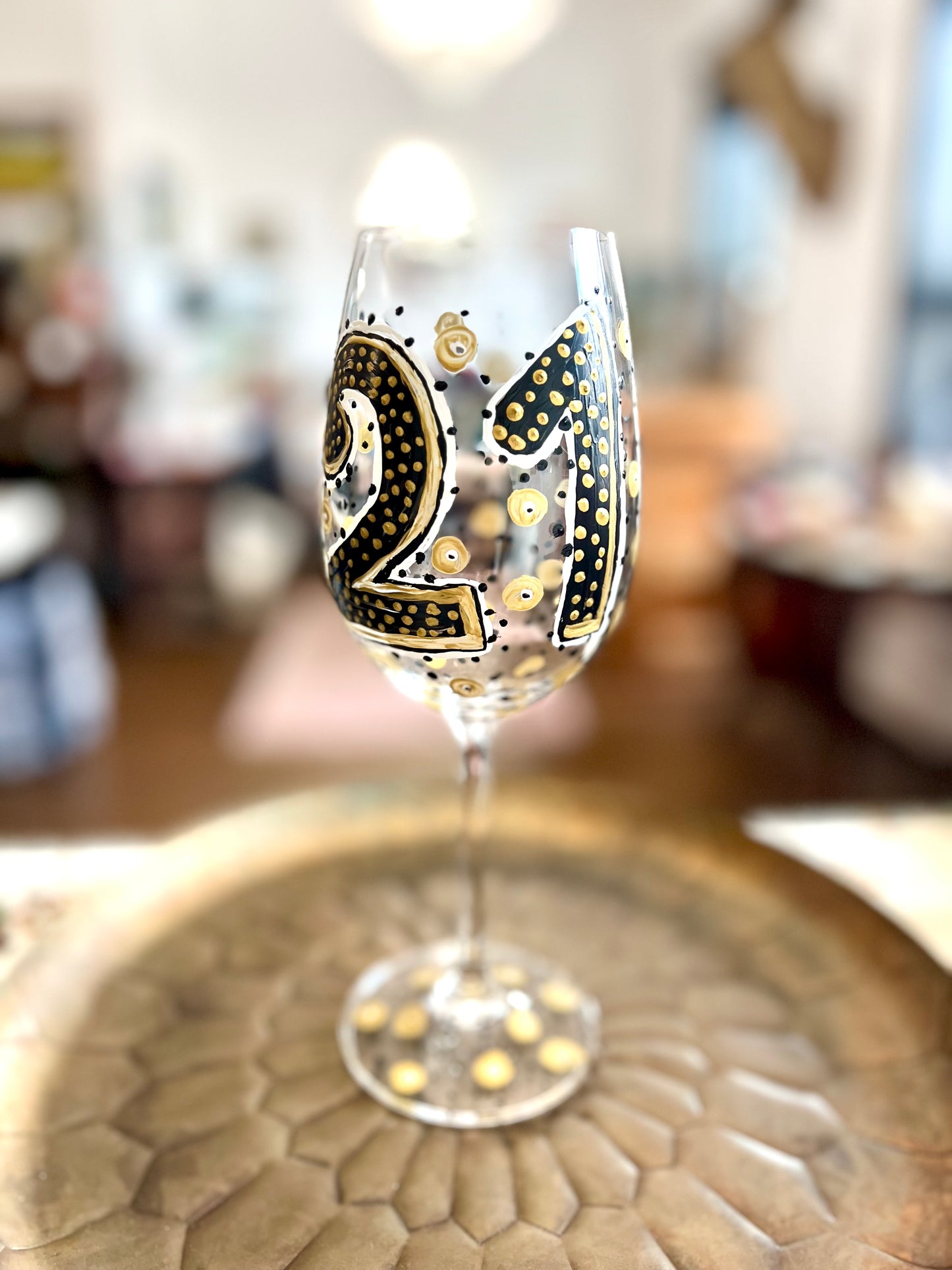 Hand Painted "21" White Wine Glass by Carol Moore