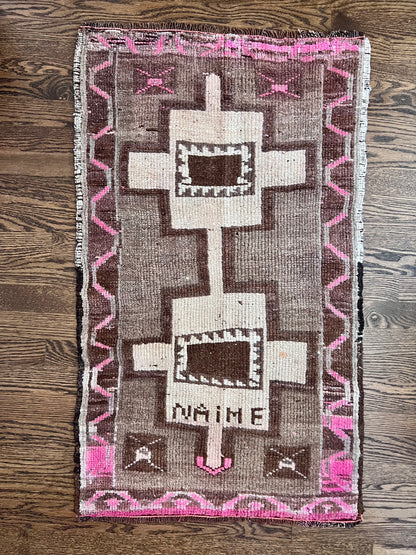 Fuchsia & Earthy Brown NAIME Vintage Turkish Oushak Rug