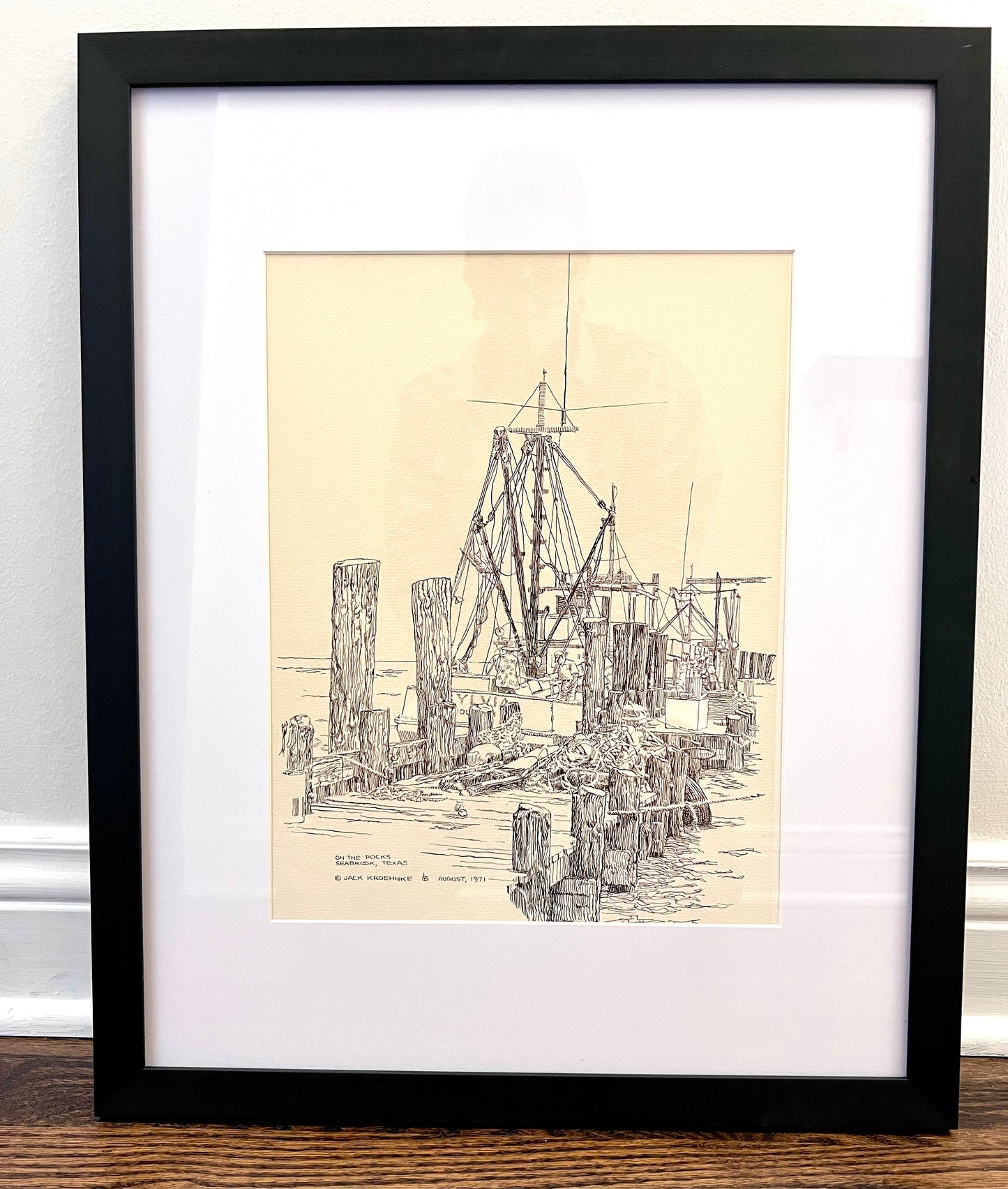 "On the Docks, Seabrook, Texas" - Reframed Original Signed Ink Drawing by Artist Jack Kroehnke circa August 1971