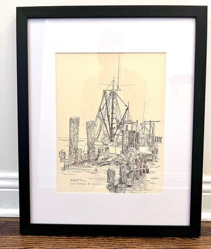 "On the Docks, Seabrook, Texas" - Reframed Original Signed Ink Drawing by Artist Jack Kroehnke circa August 1971
