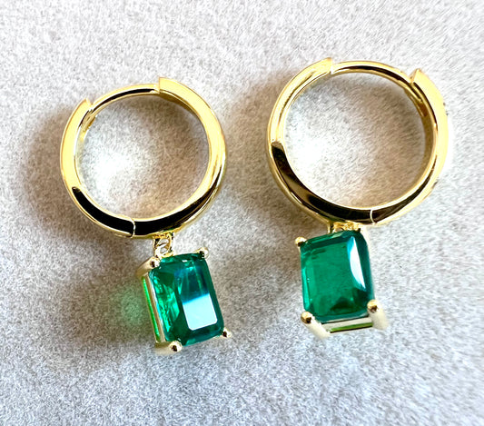 Lab Emerald Drop Hoop Earrings