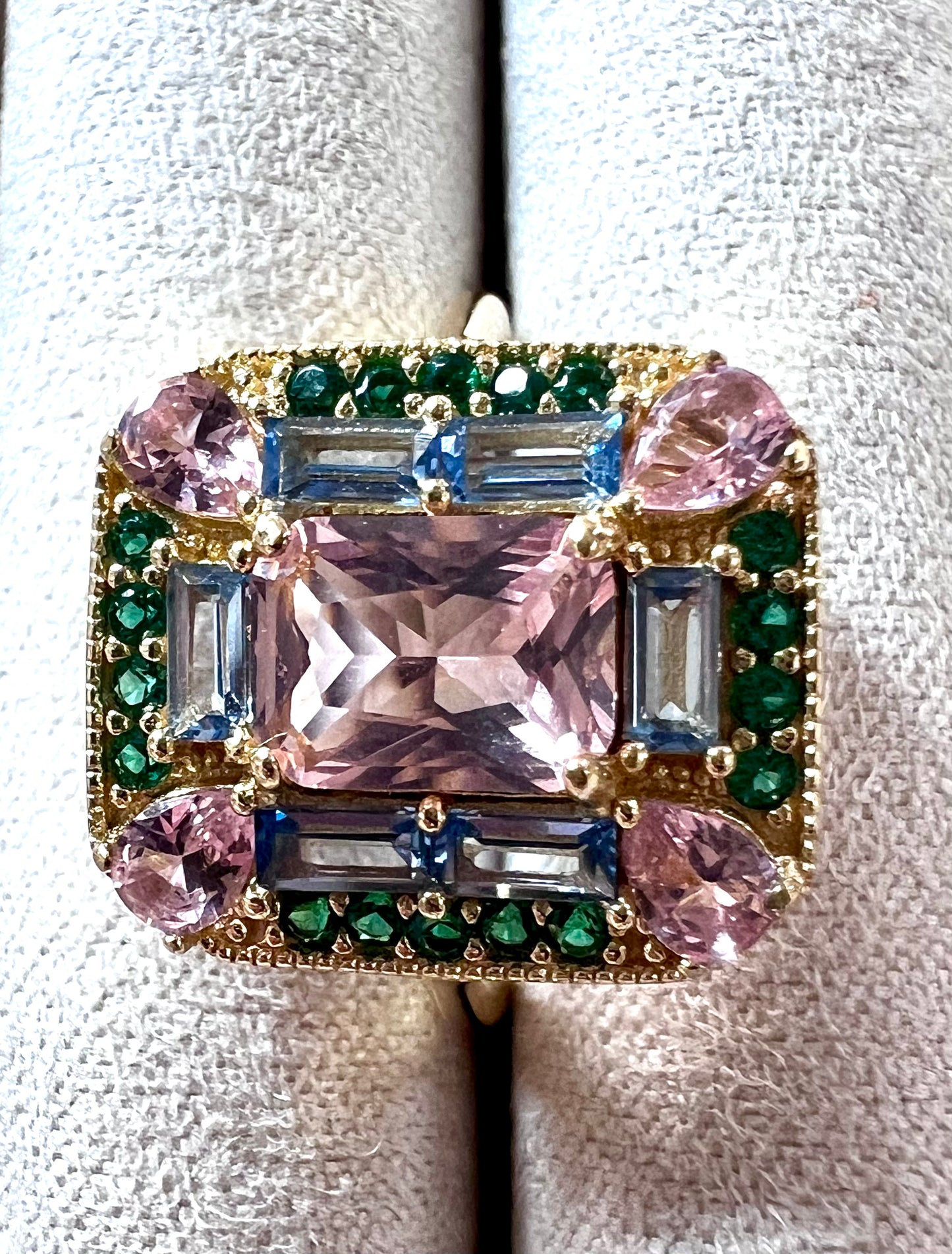 The Marlowe Ring - Morganite, Emerald & Aquamarine Cocktail Ring, Size 5