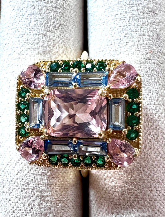 The Marlowe Ring - Morganite, Emerald & Sky Blue Topaz Cocktail Ring, Size 7