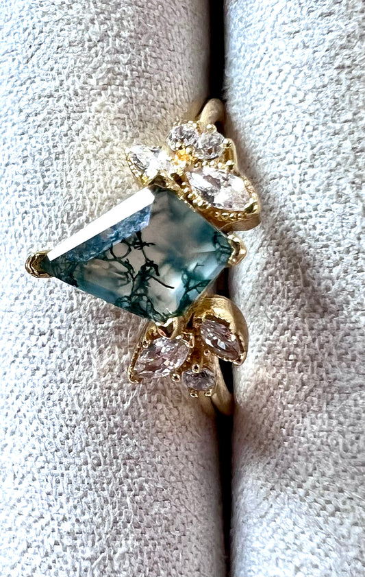 The Evangeline Ring - Moss Agate & White Topaz in Gold Vermeil, Size 5