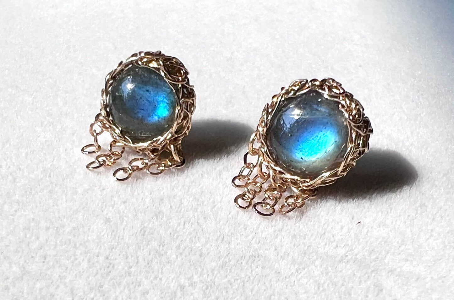 Labradorite Jellyfish Earrings – Hand-Crocheted in 14k Gold