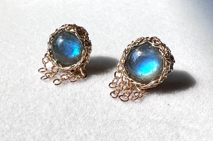 Labradorite Jellyfish Earrings – Hand-Crocheted in 14k Gold