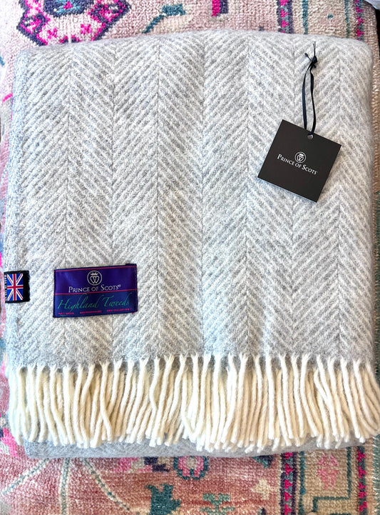 Silver & Snow White Highland Tweeds 100% Wool Herringbone Throw - Made in the British Isles