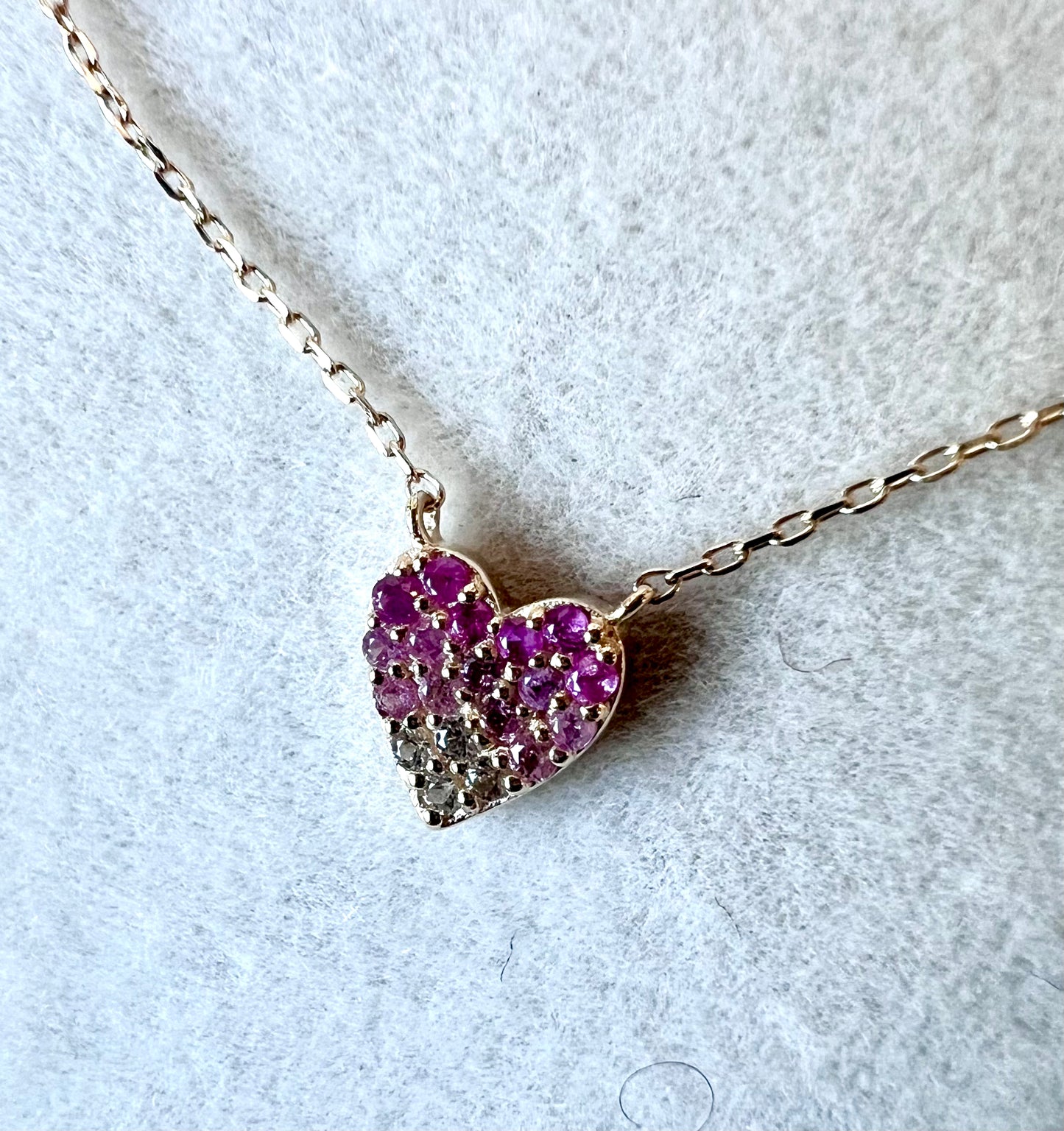 Pink & White Sapphire Heart Solid 14kt Gold Necklace