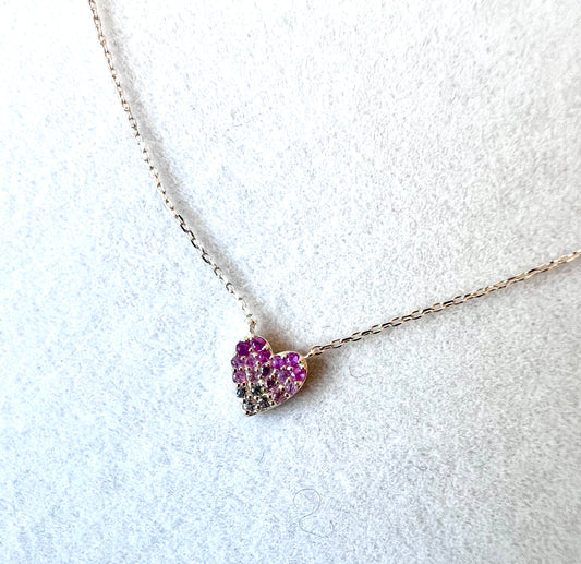 Pink & White Sapphire Heart Solid 14kt Gold Necklace