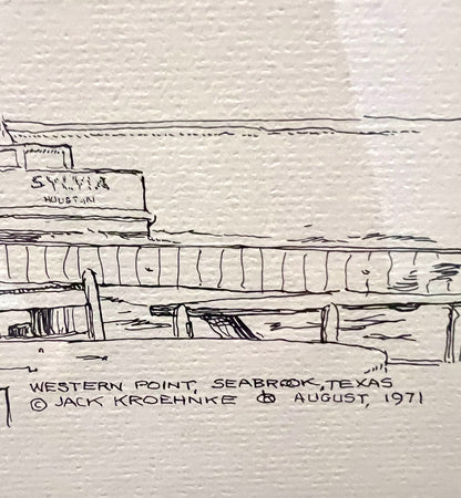 "Western Point, Seabrook, Texas" - Reframed Original Signed Ink Drawing by Artist Jack Kroehnke circa August 1971