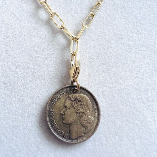 1953 French Marianne Coin 14kt Gold Vermeil Paper Clip Necklace