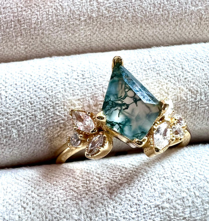 The Evangeline Ring - Moss Agate & White Topaz in Gold Vermeil, Size 5