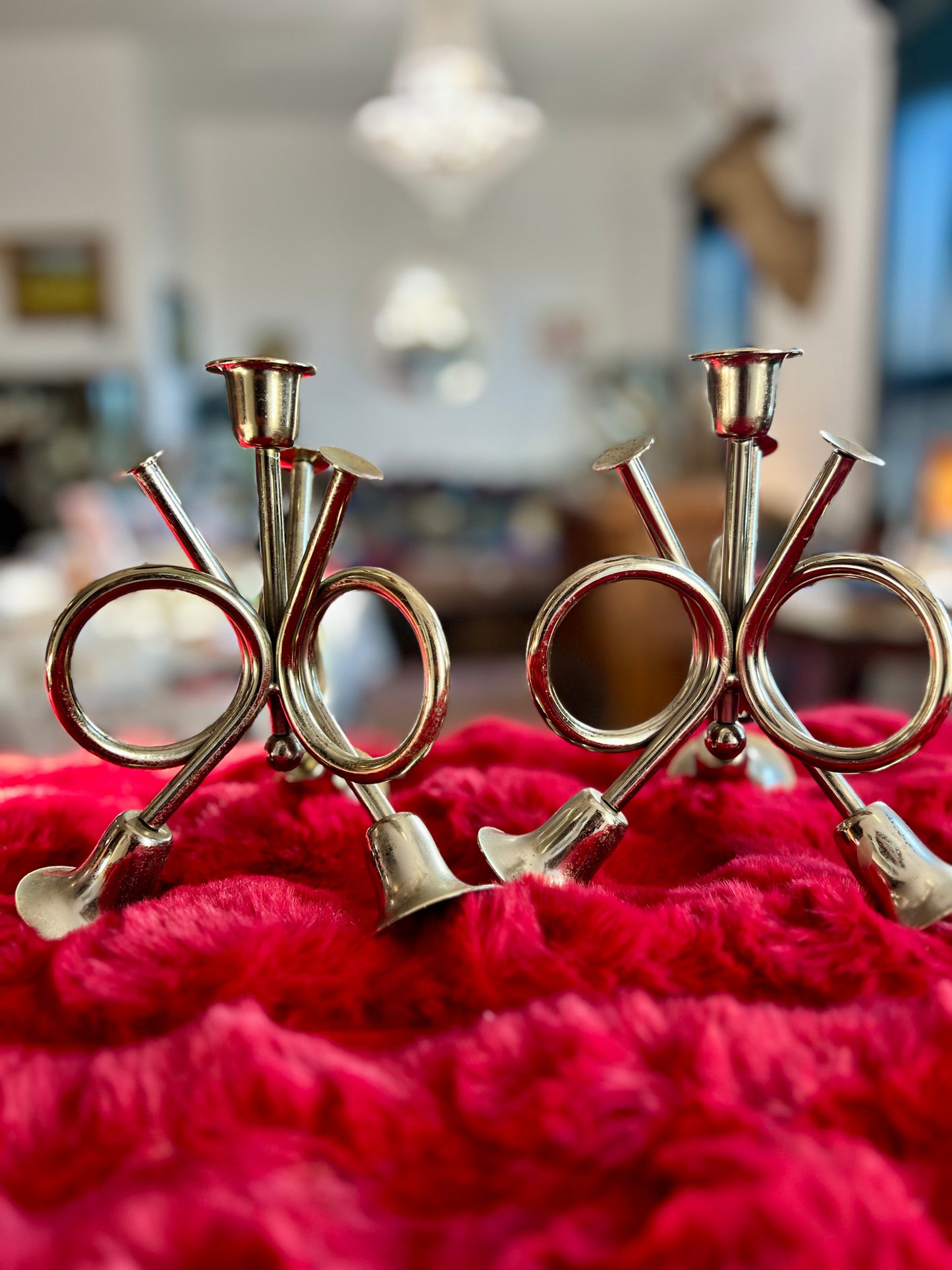 Vintage Brass French Horn Trio Candlestick Holders Set of 2