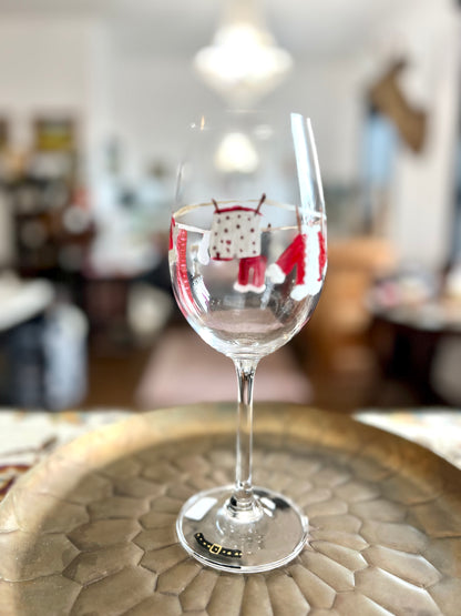 Hand Painted Santa's Laundry White Wine Glass by Carol Moore