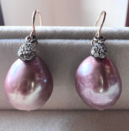 Cultured Pink Pearls & Pavé Diamonds Earrings