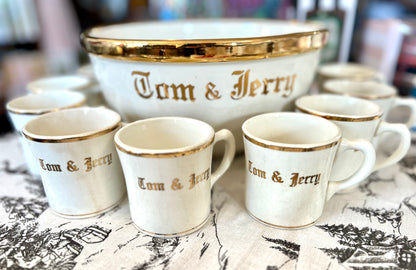 Vintage Tom & Jerry Gold Punch Bowl & Cups Set