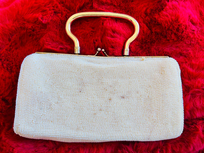 Vintage Ivory Beaded Clutch Purse with Gold Toned Handle